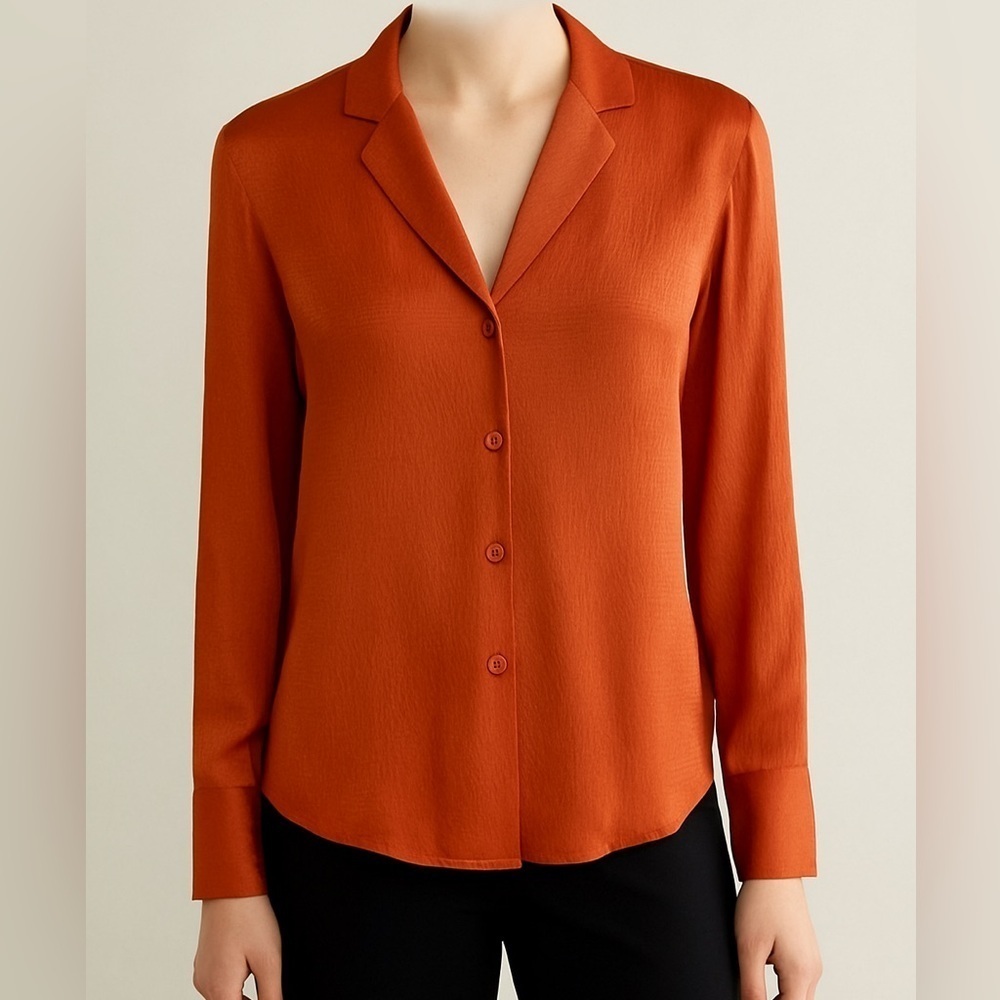 & Other Stories Rust Orange Satin Crepe Button Front Blouse US 2